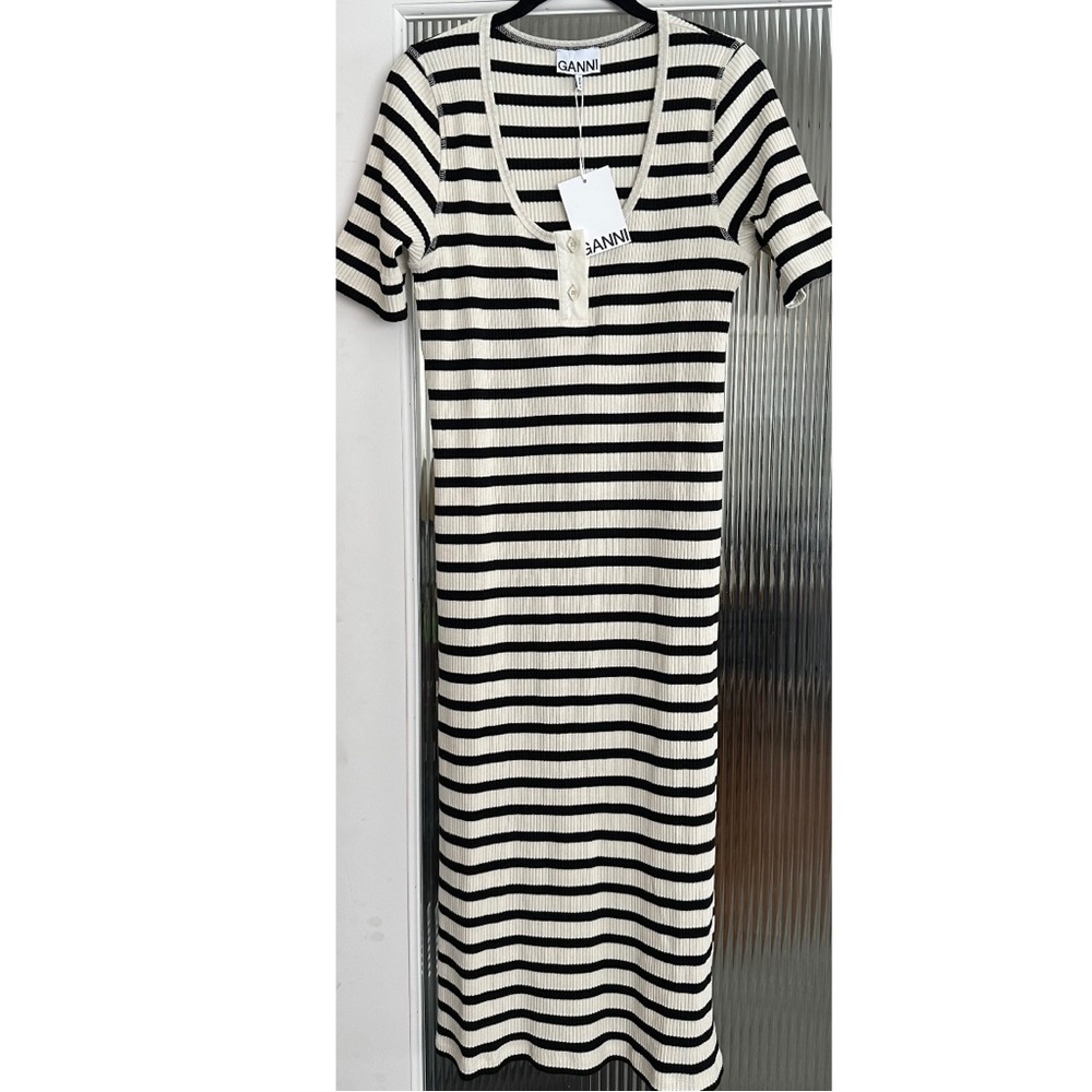 Ganni Ribbed Black and Cream Striped Dress Size L